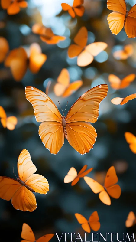 Golden butterflies drift through soft teal forest light