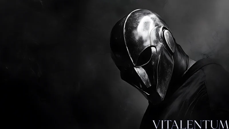 Chromed dystopian helmeted figure in dramatic low-key light.