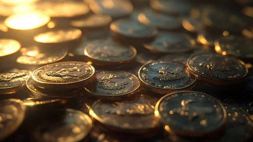 Golden coins under warm backlight emphasize metallic relief