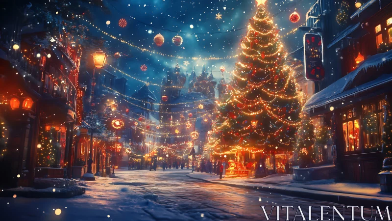 Nighttime snow-covered city street shows dense festive lighting