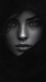Veiled woman’s intense gaze emerges from shadowed darkness