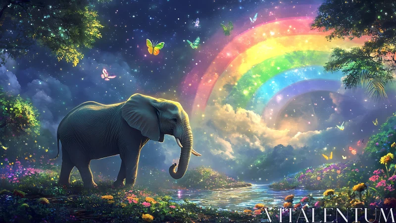 Elephant under radiant rainbow in luminous fantasy forest.