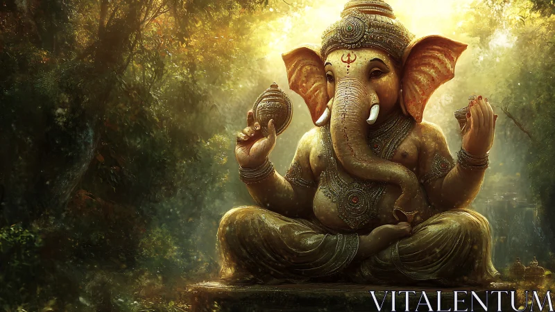 Divine elephant deity statue glows in atmospheric forest light