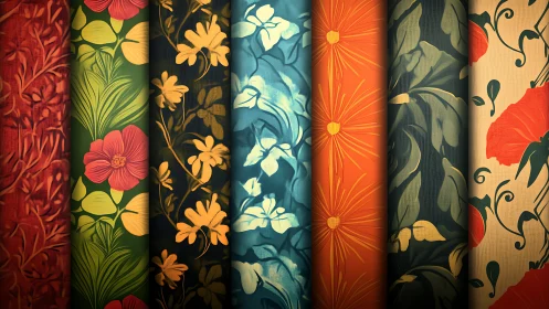Rolled floral pattern papers display saturated retro color harmonies