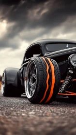 Custom hot rod closeup with bold orange racing tires.