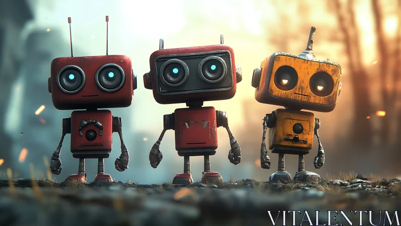 Three stylized cartoon robots standing in warm sunset light.
