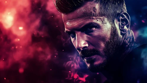 Male profile in colored smoke with high contrast lighting.