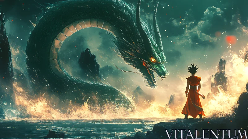 Warrior confronts colossal dragon amid firelit seascape.
