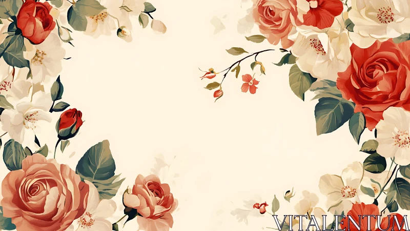 Botanical Symphony: Crimson Roses Dance Across Cream Canvas