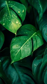 Monstera leaves hold scattered water droplets after rainfall