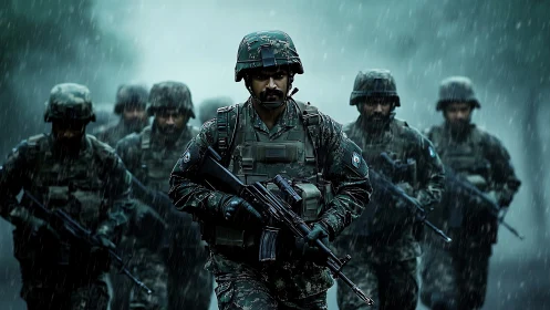 Soldier squad advancing through heavy rain in vivid focus.