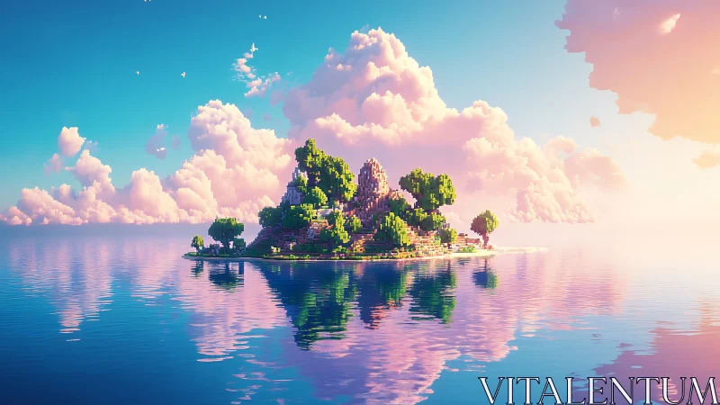 Floating island sanctuary with castle ruins amid tranquil waters.