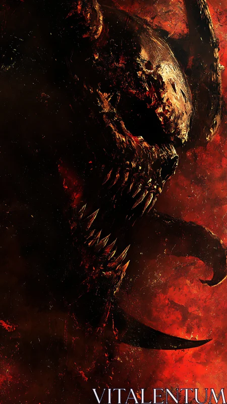 Infernal chitin predator emerging from red particulate void.