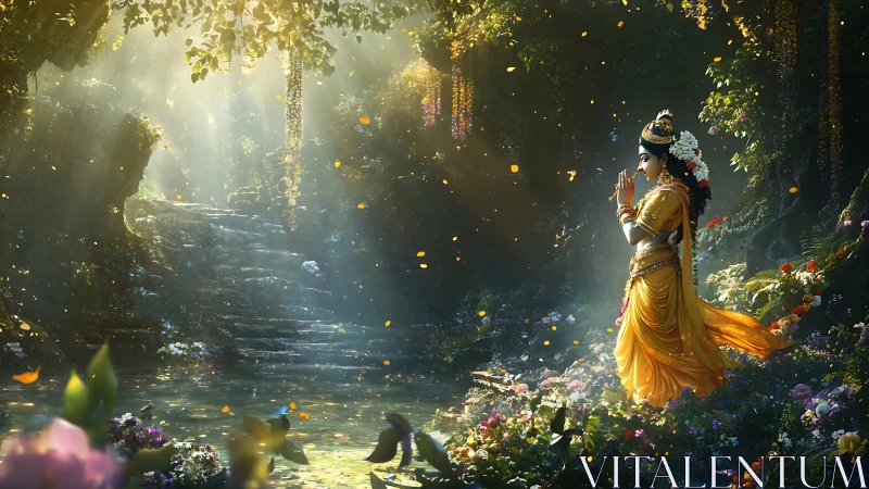 Figure in yellow garment stands in illuminated forest clearing