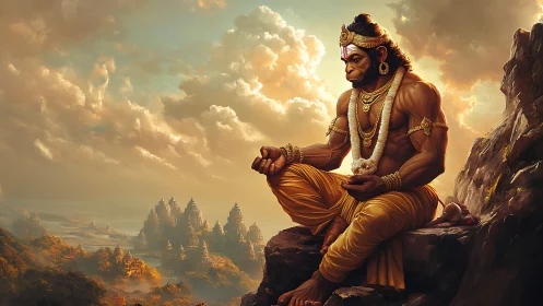 Digital painting of meditative divine warrior in aerial landscape.