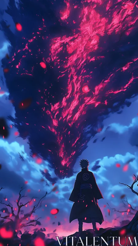 Silhouetted warrior under vortex of crimson arcane energy