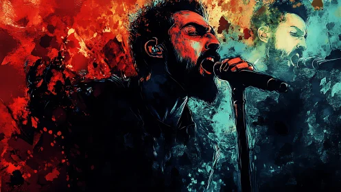 Dual portrait of rock vocalist in abstract red cyan splashes