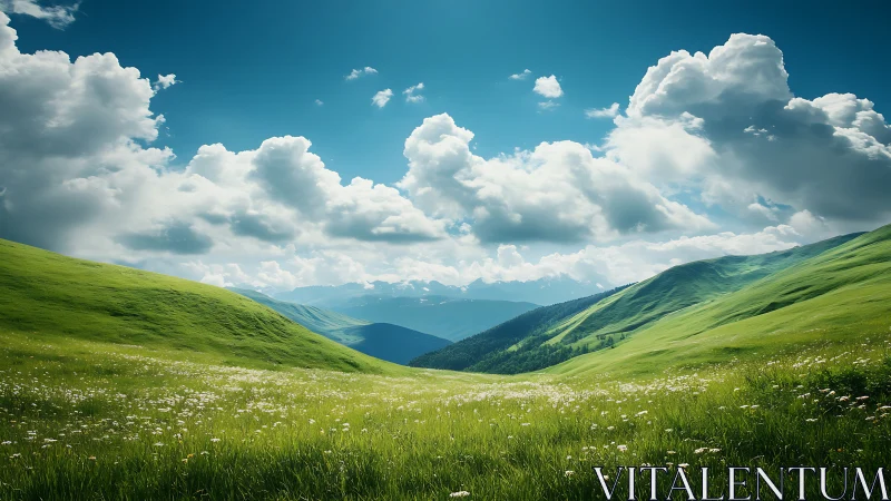 Sunlit alpine valley with rolling grasslands under cumulus sky
