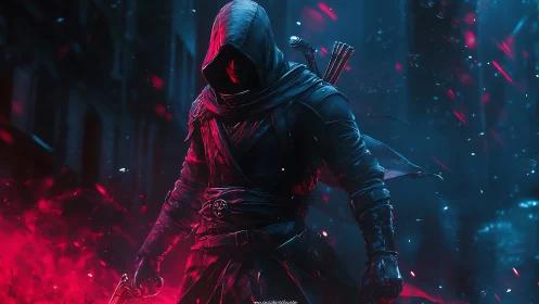 Hooded rogue warrior in glowing red and blue city alley.