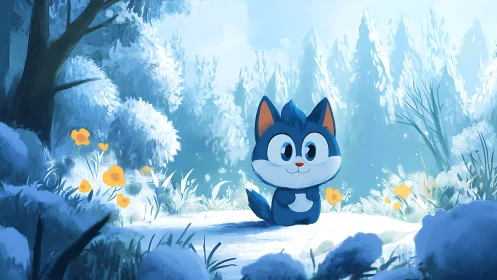 Blue cartoon kitten in bright snowy forest clearing.
