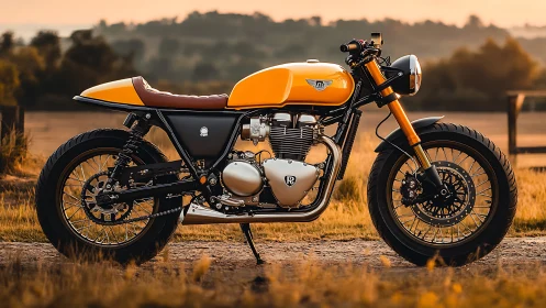 Yellow café racer motorcycle on rural dirt road at sunset.