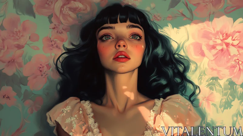 Dreamy dark haired girl portrait on pastel floral backdrop