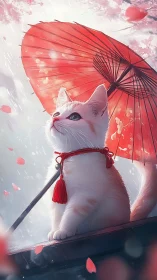 White cat under red umbrella among falling petals.