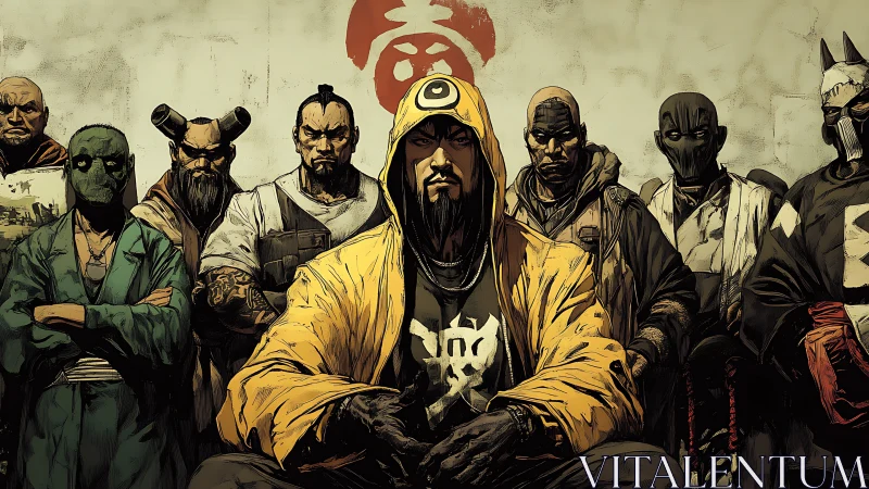 Hooded leader with masked group in graphic urban setting.