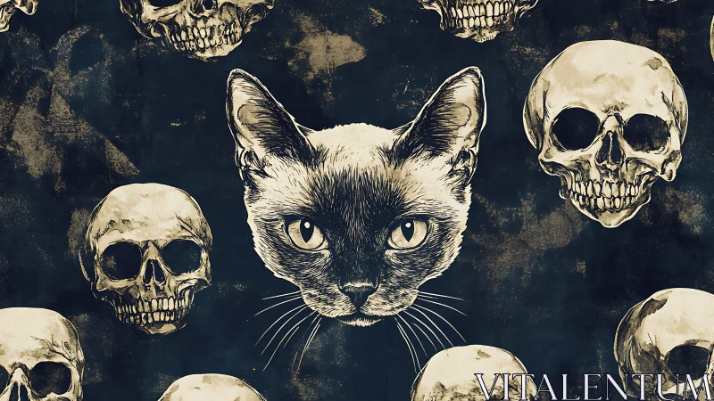 A Mysterious Cat and Skulls Dance in Vintage Darkness.