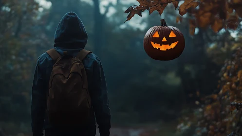 Hooded figure meets glowing jack o lantern in misty forest