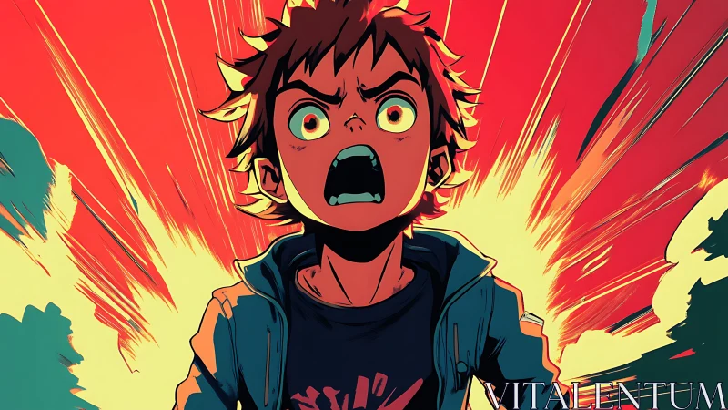 Shocked anime boy amid explosive red energy burst.