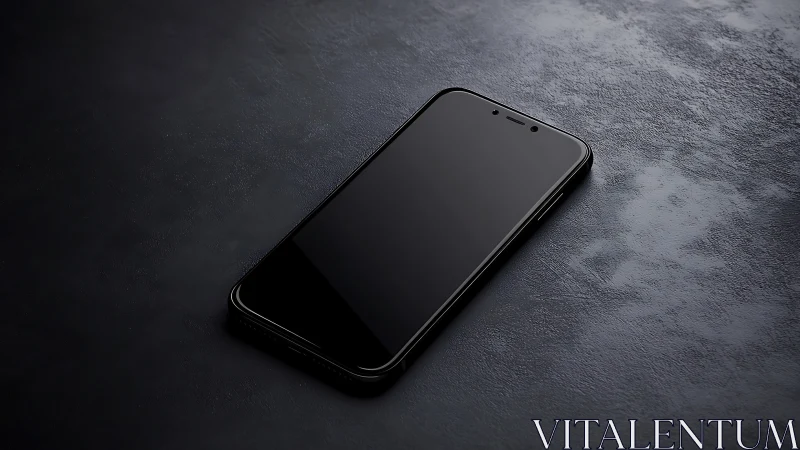 Black smartphone on textured charcoal surface with subtle lighting.