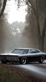 Low-slung classic muscle car on misty forest road with custom stance