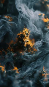 Fiery floral tendrils rise through swirling teal smoke.