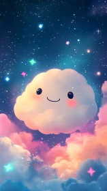 Smiling star-sprinkled cloud drifts through a pastel dream sky