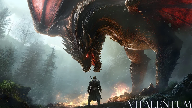 Forest standoff between ember-eyed dragon and lone knight.