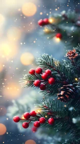 Snowy pine branch with red berries and soft festive bokeh.