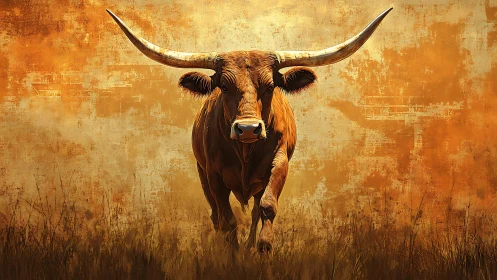 Longhorn bull stands centered against textured orange backdrop