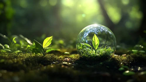 Young plant in glass sphere, lush forest background, eco concept.