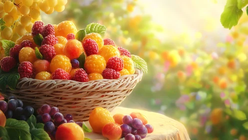 Sunlit garden bounty overflows in a colorful fruit basket