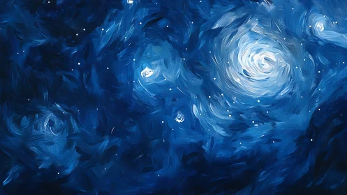 Swirling cobalt night sky with luminous galactic vortices.