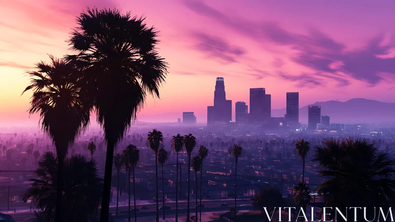 Sunset skyline with silhouetted palms in neon gradients.
