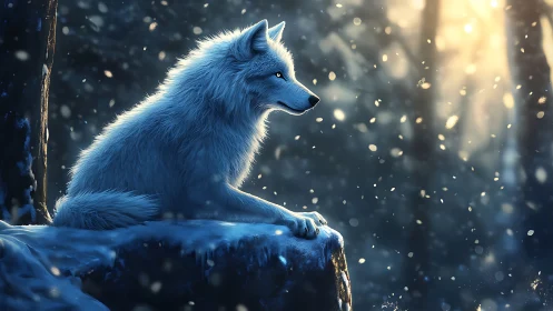 White wolf on snowy ledge in winter forest light period.