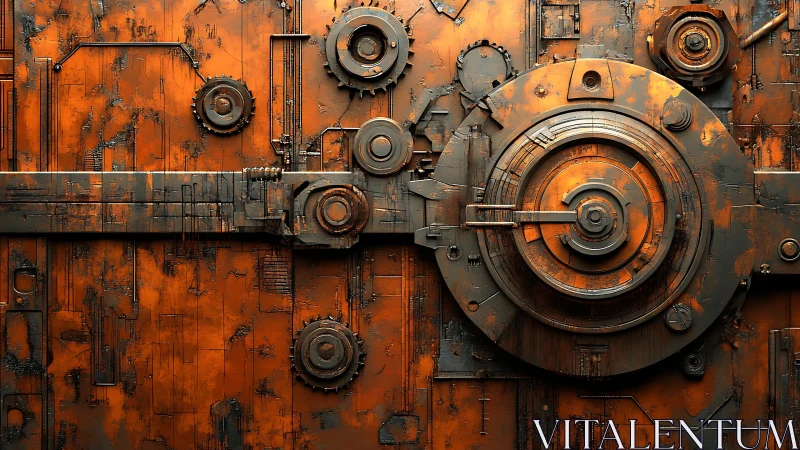 Weathered mechanical vault door glows with rusted intensity