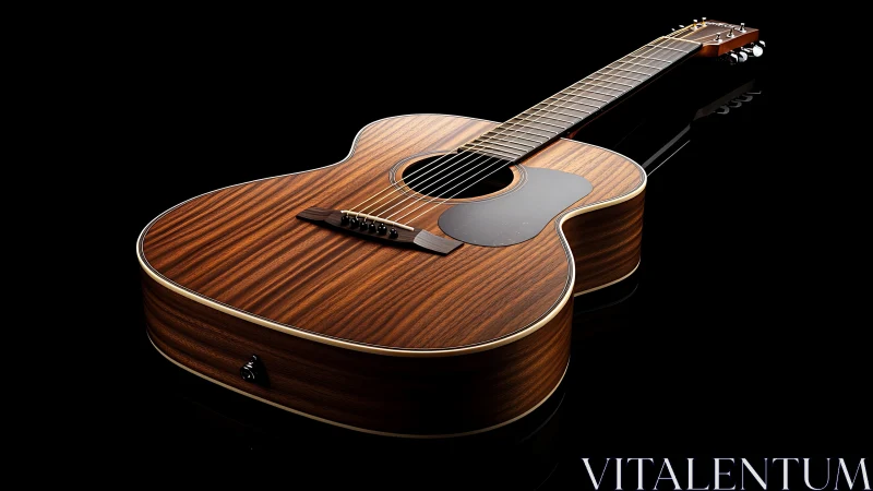 Striped-wood acoustic guitar stretches into glossy silence