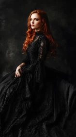 Portrait of red-haired woman in elaborate black lace dress.