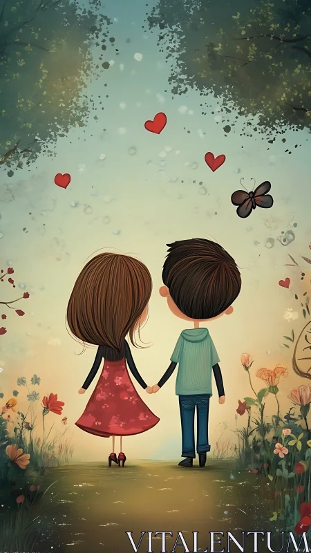 Two Cartoon Children Holding Hands in Flower Garden