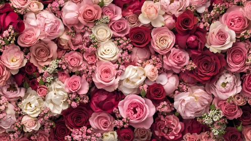 Lush Garden of Pink and Red Roses.