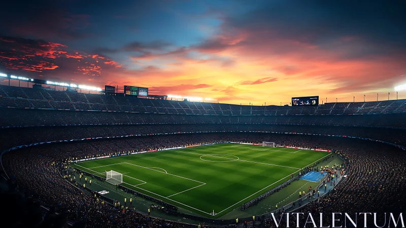 Crowded football stadium under vivid sunset sky panorama.