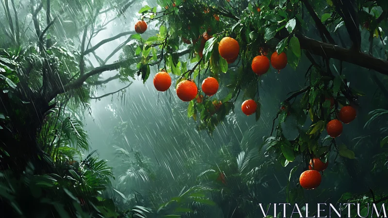Orange tree bears ripe fruit under heavy tropical rain